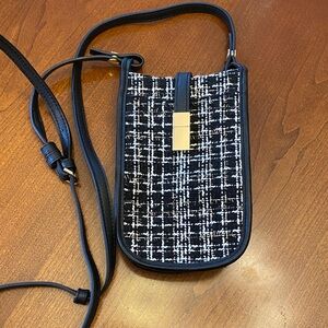 Black & White Tweed Crossbody Phone Bag with Gold Accent